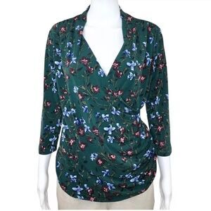 41 Hawthorn Women’s Green Floral Henri Surplice Wrap Ruched Knit Top Size MP